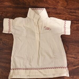 Charming Kids Cream Button Down Dress with Pink Embroidery